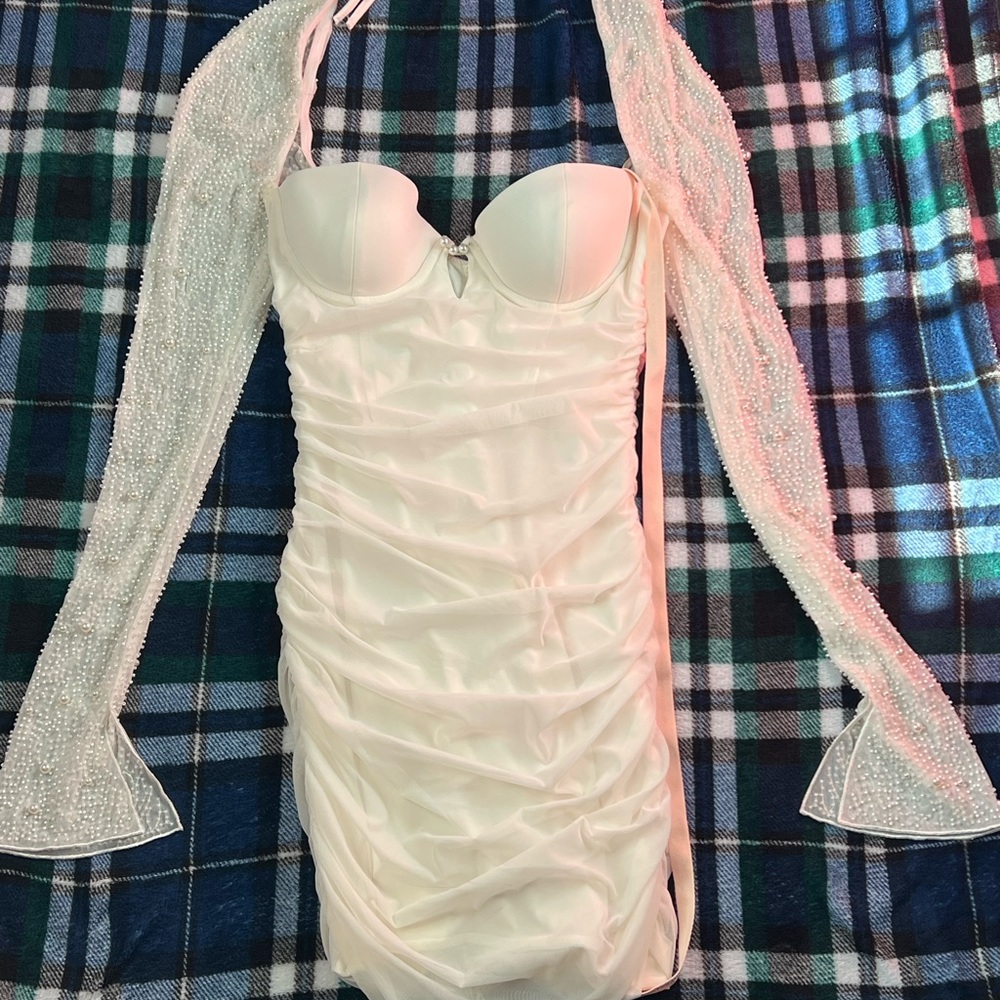 Oh Polly White Dress with Sheer Sleeves